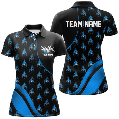 Individuelles blaues Flammen-Bowlinghemd für Damen, personalisierte Team-Bowlinghemden IPHW6959