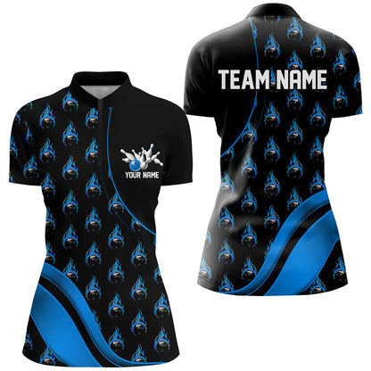 Individuelles blaues Flammen-Bowlinghemd für Damen, personalisierte Team-Bowlinghemden IPHW6959