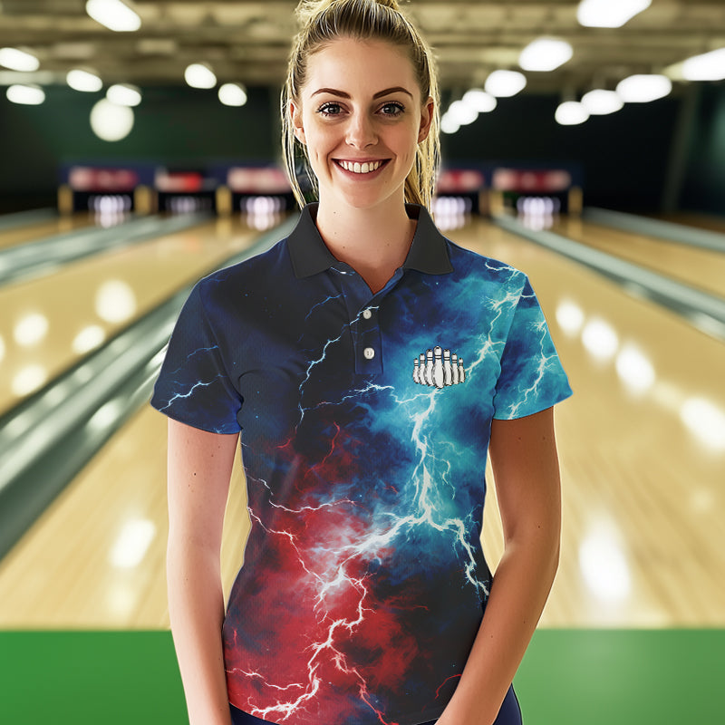 Rot-Weiß-Blaue Thunder-Bowling-Polohemden für Damen, patriotische Bowlingteam-Trikots IPHW5253.1