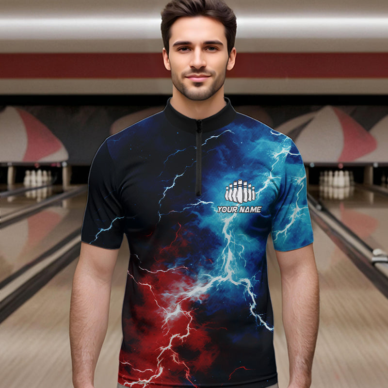 Rot-Weiß-Blaue Thunder-Bowling-Quarter-Zip-Hemden für Herren, patriotische Bowlingteam-Trikots IPHW5253