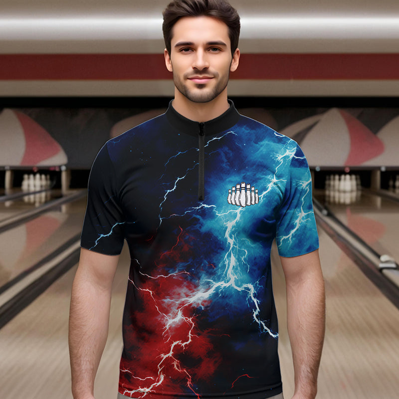 Rot-Weiß-Blaue Thunder-Bowling-Quarter-Zip-Hemden für Herren, patriotische Bowlingteam-Trikots IPHW5253.1