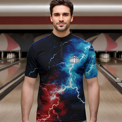 Rot-Weiß-Blaue Thunder-Bowling-Quarter-Zip-Hemden für Herren, patriotische Bowlingteam-Trikots IPHW5253.1