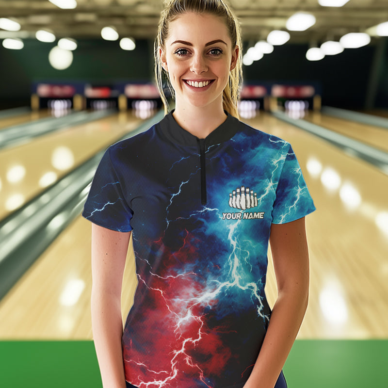 Rot-Weiß-Blaue Thunder-Bowling-Quarter-Zip-Hemden für Damen, patriotische Bowlingtrikots IPHW5253