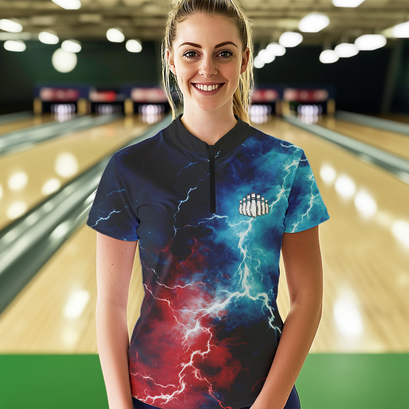 Rot-Weiß-Blaue Thunder-Bowling-Quarter-Zip-Hemden für Damen, patriotische Bowlingtrikots IPHW5253.1