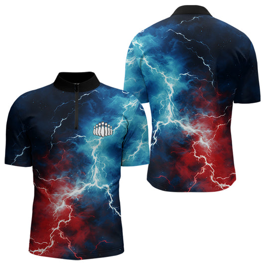 Rot-Weiß-Blaue Thunder-Bowling-Quarter-Zip-Hemden für Herren, patriotische Bowlingteam-Trikots IPHW5253.1