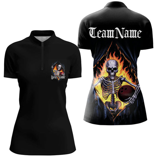 Individuelle Schädel-Bowling-Polo-Quarter-Zip-Hemden für Damen, Skelett-Bowlinghemden für Damen IPHW6805