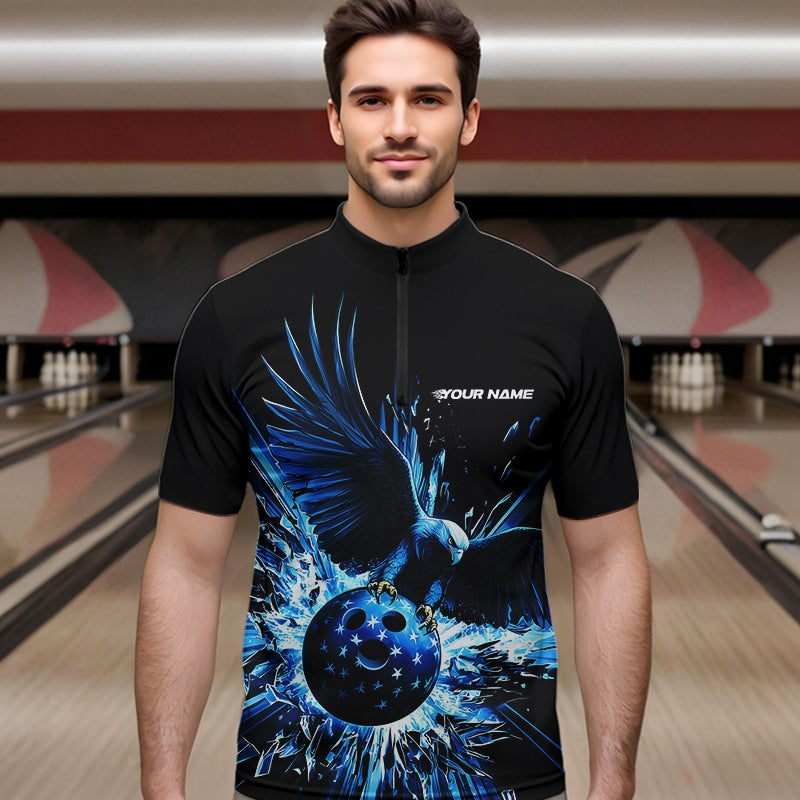 Schwarz-blauer Adler Break-Glass maßgeschneiderte Bowling-Quarter-Zip-Shirts für Herren, Bowling-Teamshirt IPHW8398