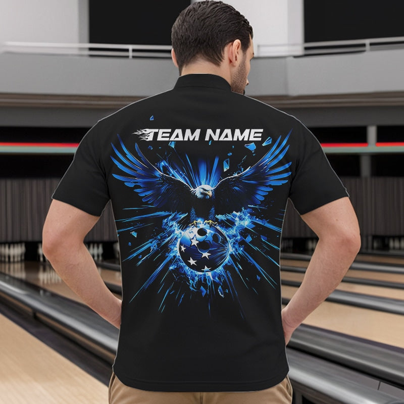 Schwarz-blauer Adler Break-Glass maßgeschneiderte Bowling-Quarter-Zip-Shirts für Herren, Bowling-Teamshirt IPHW8398