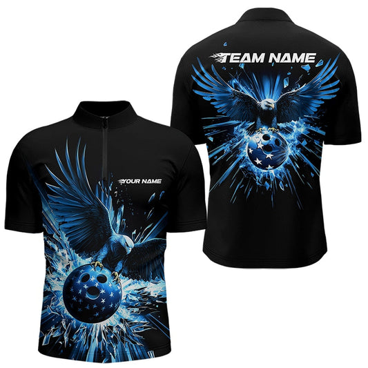 Schwarz-blauer Adler Break-Glass maßgeschneiderte Bowling-Quarter-Zip-Shirts für Herren, Bowling-Teamshirt IPHW8398