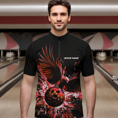 Schwarz-roter Adler Break-Glass maßgeschneiderte Bowling-Quarter-Zip-Shirts für Herren, Bowling-Teamshirt IPHW8399