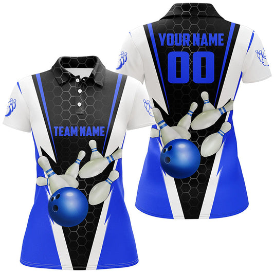 Individuell gestaltete Damen-Bowling-Poloshirts mit blauem Streifen, Mannschafts-Trikots mit Namen und Nummer IPHW5281