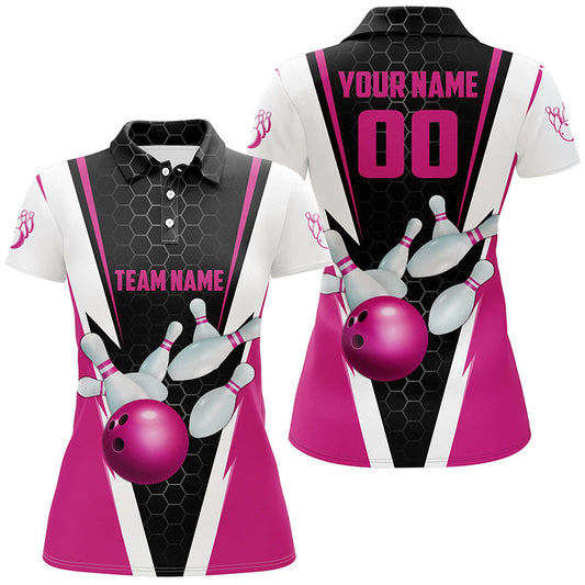 Individuell gestaltete Damen-Bowling-Poloshirts mit pinkfarbenem Streifen, Mannschafts-Trikots mit Namen und Nummer IPHW5282