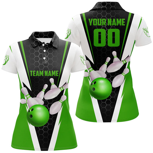 Individuell gestaltete Damen-Bowling-Poloshirts mit grünem Streifen, Mannschafts-Trikots mit Namen und Nummer IPHW5283