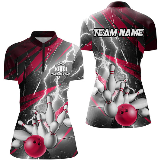 Pinke Blitzschlag-individuelle Bowling-Quarter-Zip-Hemden für Damen, Bowlinghemden für Damen IPHW6854