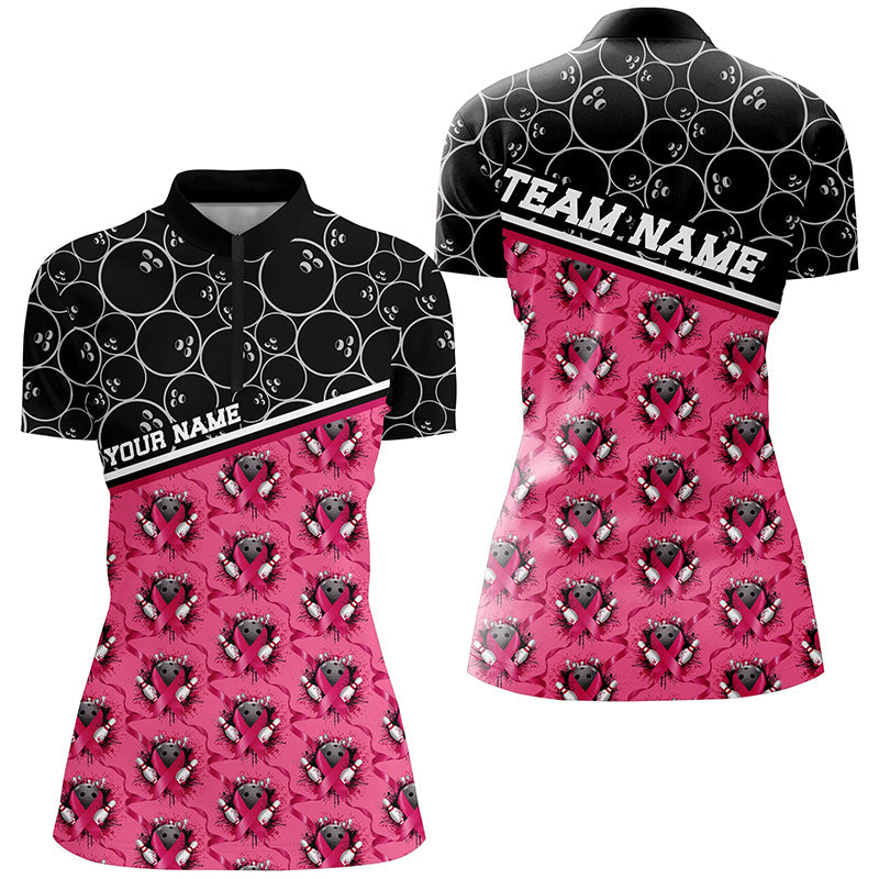 Pinkfarbene Schleifen-Bowlingmuster, individuelle Brustkrebs-Bewusstseins-Bowlinghemden für Damen IPHW7006