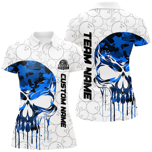 Individuelle blaue Camo-Schädel-Bowling-Polohemden für Damen, Bowlingteam-Trikots, Bowlingliga-Outfits IPHW5306