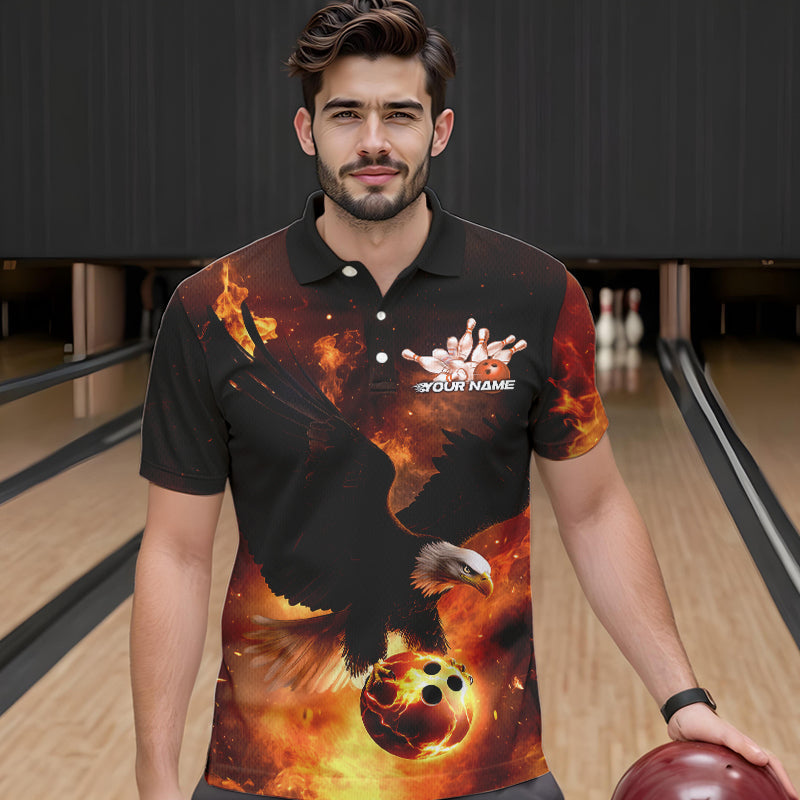 Maßgeschneiderte Flammen-Adler Bowling-Poloshirts für Herren, Adler-Bowling-Team Shirt mit Namen IPHW8447
