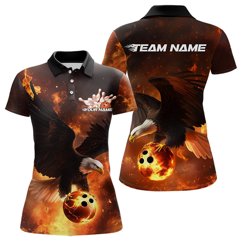 Maßgeschneiderte Flammen-Adler Bowling-Poloshirts für Damen, Adler-Bowling-Team Shirt mit Namen IPHW8447