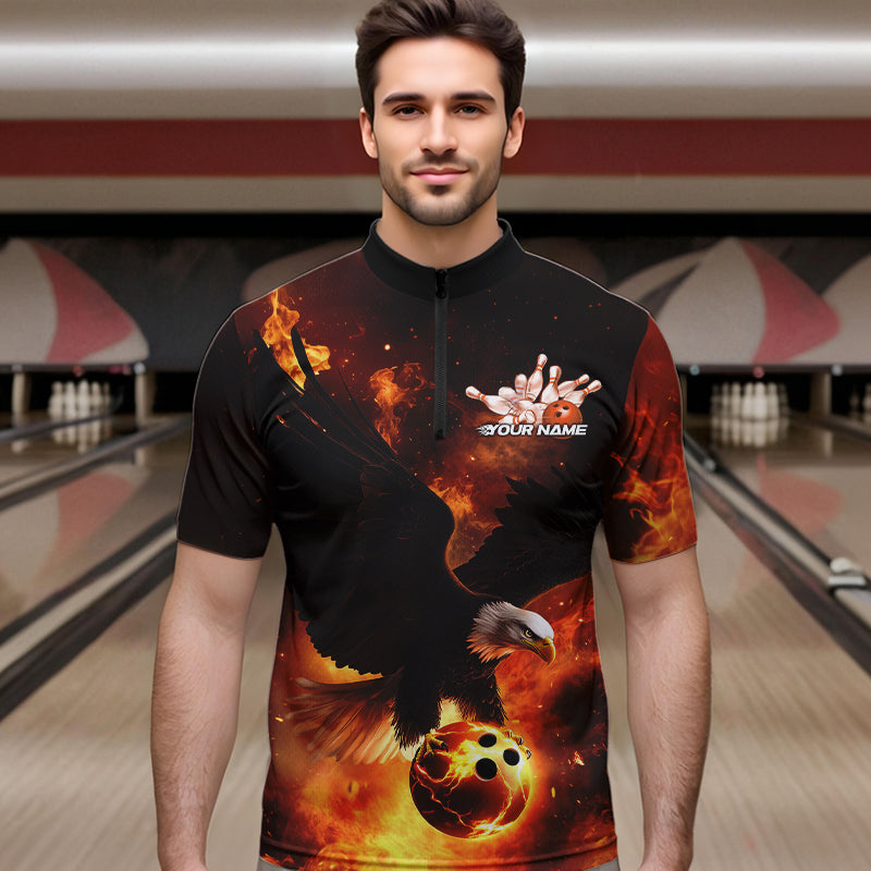 Maßgeschneiderte Flammen-Adler Bowling-Quarter-Zip-Shirts für Herren, Adler-Bowling-Teamshirt mit Namen IPHW8447
