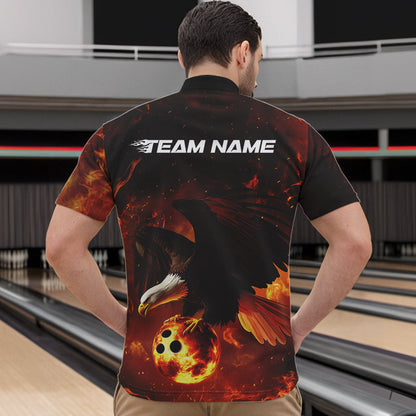 Maßgeschneiderte Flammen-Adler Bowling-Quarter-Zip-Shirts für Herren, Adler-Bowling-Teamshirt mit Namen IPHW8447