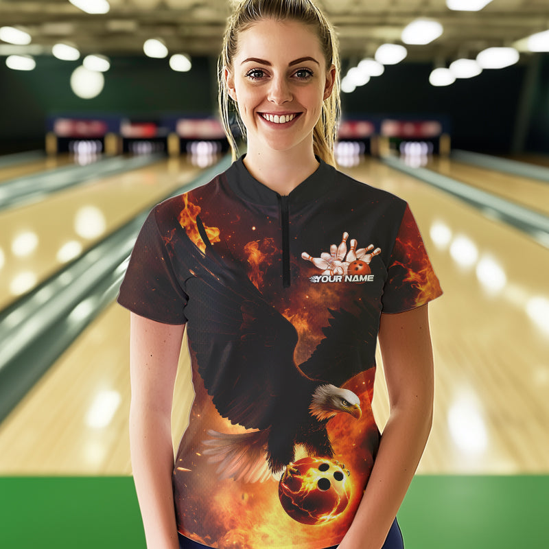 Maßgeschneiderte Flammen-Adler Bowling Quarter-Zip Shirts für Damen, Adler Bowling-Team-Shirt mit Name IPHW8447
