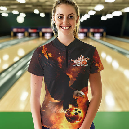 Maßgeschneiderte Flammen-Adler Bowling Quarter-Zip Shirts für Damen, Adler Bowling-Team-Shirt mit Name IPHW8447