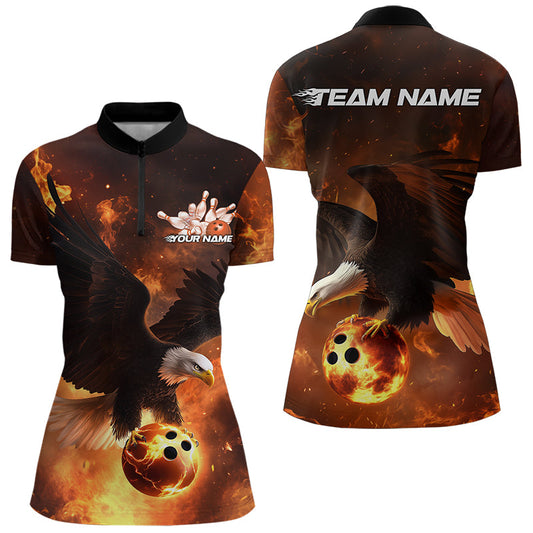 Maßgeschneiderte Flammen-Adler Bowling Quarter-Zip Shirts für Damen, Adler Bowling-Team-Shirt mit Name IPHW8447