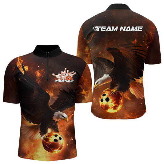 Maßgeschneiderte Flammen-Adler Bowling-Quarter-Zip-Shirts für Herren, Adler-Bowling-Teamshirt mit Namen IPHW8447