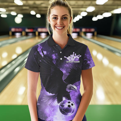 Maßgeschneiderte Lila Flammen-Adler Bowling-Poloshirts für Damen, Adler Bowling-Team-Shirt mit Name IPHW8448