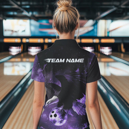 Maßgeschneiderte Lila Flammen-Adler Bowling-Poloshirts für Damen, Adler Bowling-Team-Shirt mit Name IPHW8448
