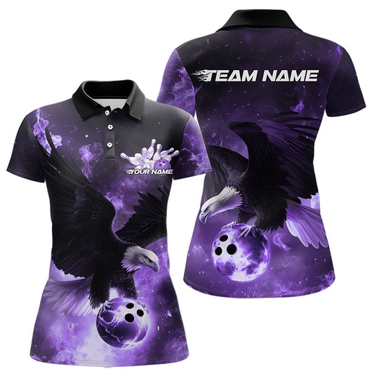 Maßgeschneiderte Lila Flammen-Adler Bowling-Poloshirts für Damen, Adler Bowling-Team-Shirt mit Name IPHW8448