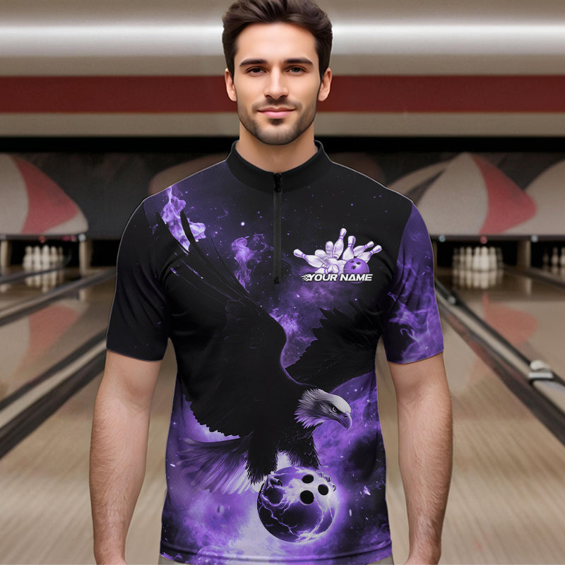 Maßgeschneiderte Lila Flammen-Adler Bowling Quarter-Zip Shirts für Herren, Adler Bowling-Team-Shirt mit Name IPHW8448