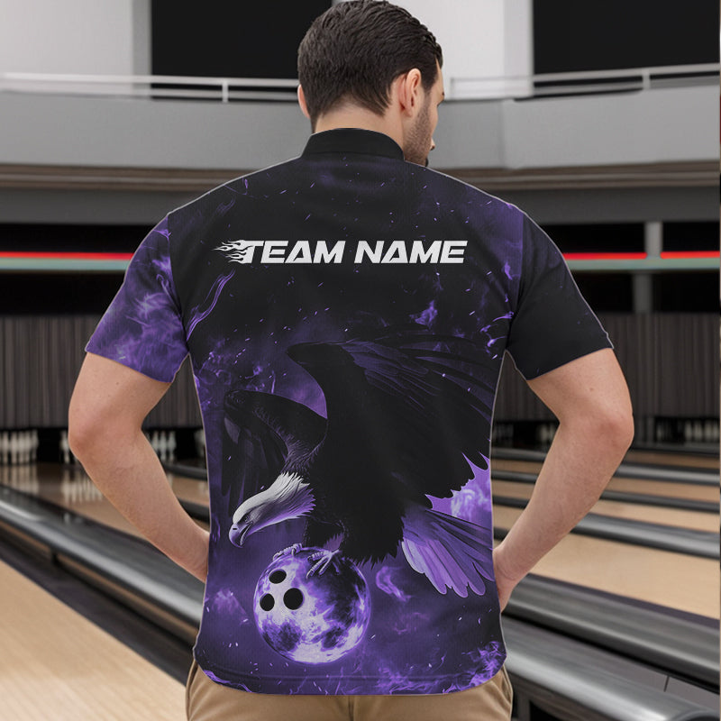Maßgeschneiderte Lila Flammen-Adler Bowling Quarter-Zip Shirts für Herren, Adler Bowling-Team-Shirt mit Name IPHW8448