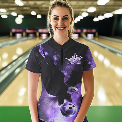 Maßgeschneiderte Lila Flammen-Adler Damen Bowling Quarter-Zip Shirts, Bowling-Team-Shirt mit Name IPHW8448