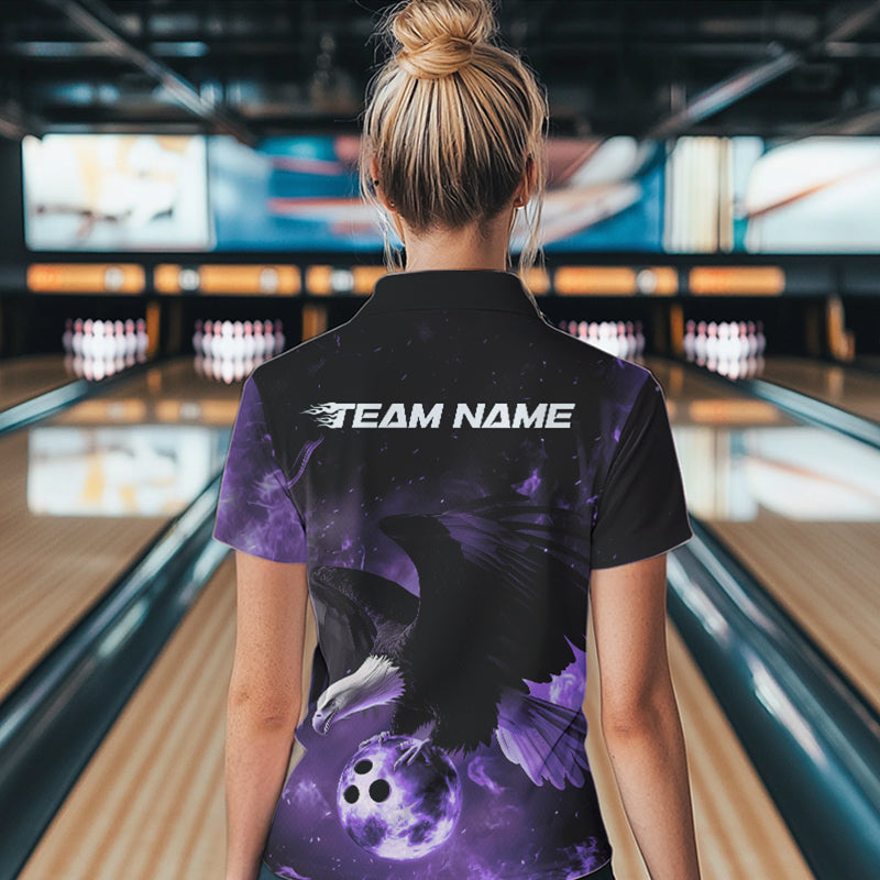 Maßgeschneiderte Lila Flammen-Adler Damen Bowling Quarter-Zip Shirts, Bowling-Team-Shirt mit Name IPHW8448