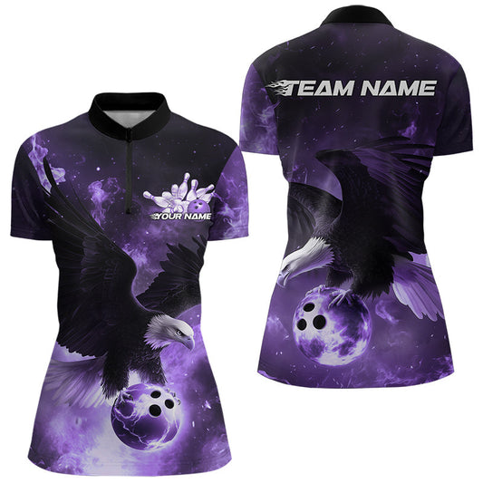 Maßgeschneiderte Lila Flammen-Adler Damen Bowling Quarter-Zip Shirts, Bowling-Team-Shirt mit Name IPHW8448