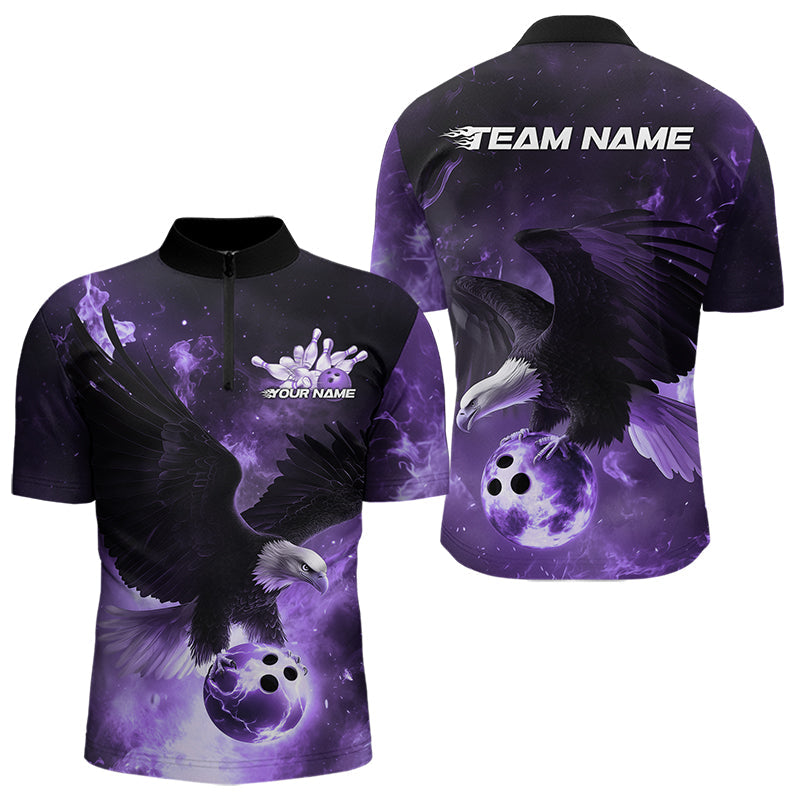 Maßgeschneiderte Lila Flammen-Adler Bowling Quarter-Zip Shirts für Herren, Adler Bowling-Team-Shirt mit Name IPHW8448