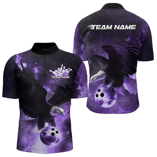 Maßgeschneiderte Lila Flammen-Adler Bowling Quarter-Zip Shirts für Herren, Adler Bowling-Team-Shirt mit Name IPHW8448