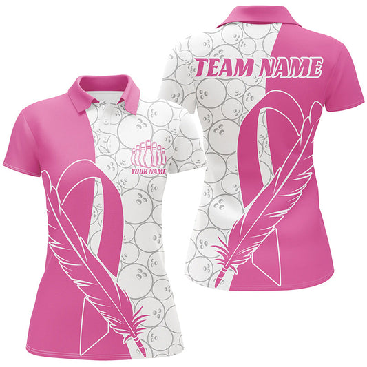 Feder-Schleifen-Brustkrebs-Bewusstseins-Bowlinghemden für Damen, pinke Bowlingtrikots IPHW6673