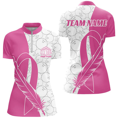 Feder-Schleifen-Brustkrebs-Bewusstseins-Bowlinghemden für Damen, pinke Bowlingtrikots IPHW6673