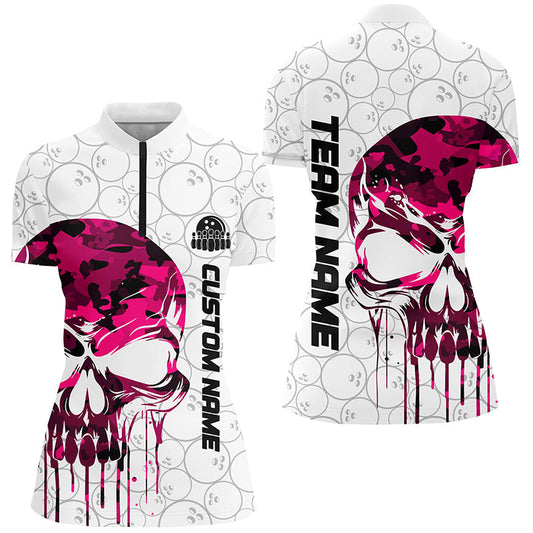 Individuelle pinke Camo-Schädel-Bowling-Quarter-Zip-Hemden für Damen, Bowlingteam-Trikots, Outfits IPHW5328