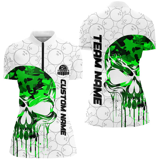 Individuelle grüne Camo-Schädel-Bowling-Quarter-Zip-Hemden für Damen, Bowlingteam-Trikots, Bowlingliga IPHW5329