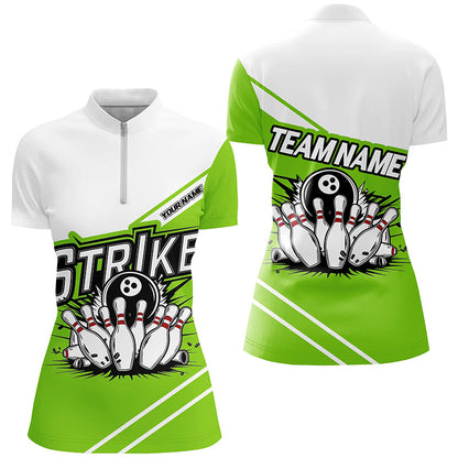 Grüne "Strike" Bowlinghemden für Damen, individuelle Teamnamen-Bowlingtrikots, Bowler-Outfits IPHW6692