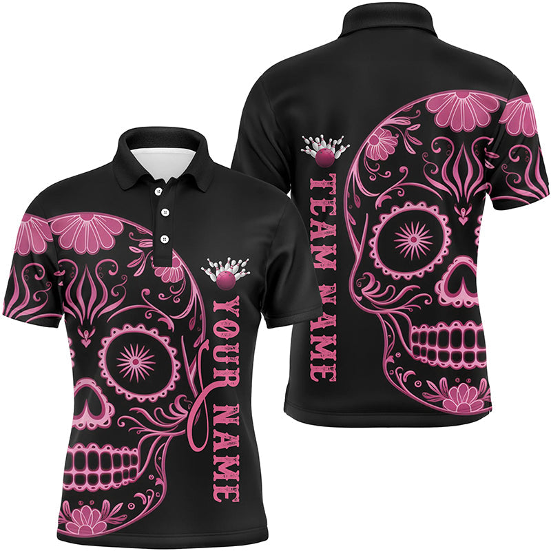 Pinkes "Sugar Skull"-Tattoo, individuelle Unisex-Team-Bowling-Polohemden, Halloween-Team-Bowlingtrikots IPHW6712