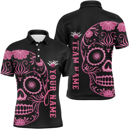 Pinkes "Sugar Skull"-Tattoo, individuelle Unisex-Team-Bowling-Polohemden, Halloween-Team-Bowlingtrikots IPHW6712