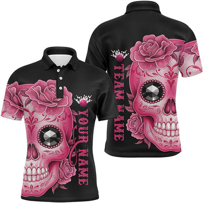 Pinkes "Sugar Skull"-Tattoo, individuelle Unisex-Team-Bowling-Polohemden, Halloween-Team-Bowlingtrikots IPHW6715
