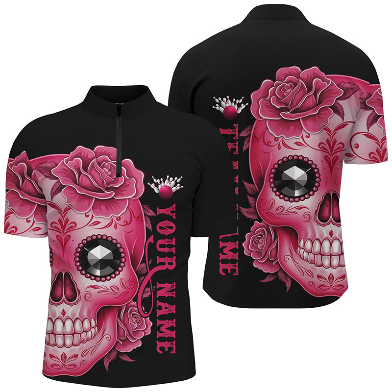 Pinkes "Sugar Skull"-Tattoo, individuelle Unisex-Team-Bowling-Polohemden, Halloween-Team-Bowlingtrikots IPHW6715