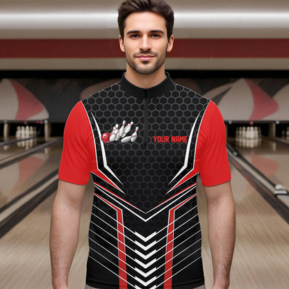 Maßgeschneiderte Schwarz-Rote Adler-Bowling-Trikots, Bowling-Team Herren-Quarter-Zip-Shirts, Bowlers-Outfits IPHW8748