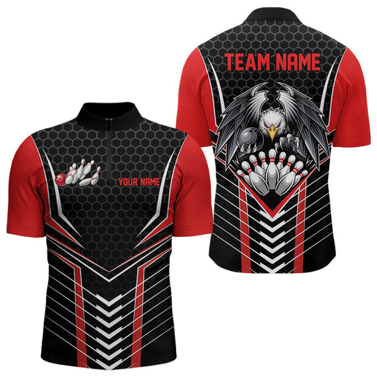 Maßgeschneiderte Schwarz-Rote Adler-Bowling-Trikots, Bowling-Team Herren-Quarter-Zip-Shirts, Bowlers-Outfits IPHW8748