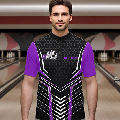 Maßgeschneiderte schwarze und violette Adler-Bowling-Trikots, Bowling-Team-Herren-Quarter-Zip-Shirts, Bowler-Outfits IPHW8749